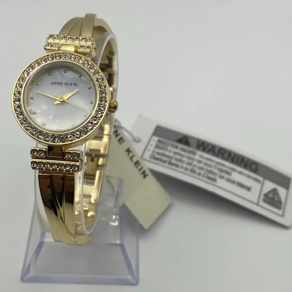 Ladies Anne Klein AK-1868GBST Gold Tone Crystal Bezel Watch and Bracelet NIB